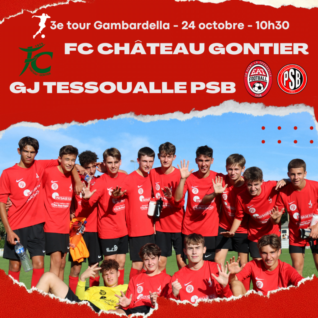 Dimanche 24 octobre à 10H30, les U18 du groupement se déplacent à Château Gontier pour le 3e tour de la coupe Gambardella 